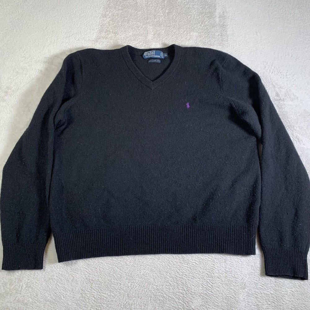 Polo Ralph Lauren Sweater Mens XL (XL Fits L) Black Lambswool V Neck Purple Pony